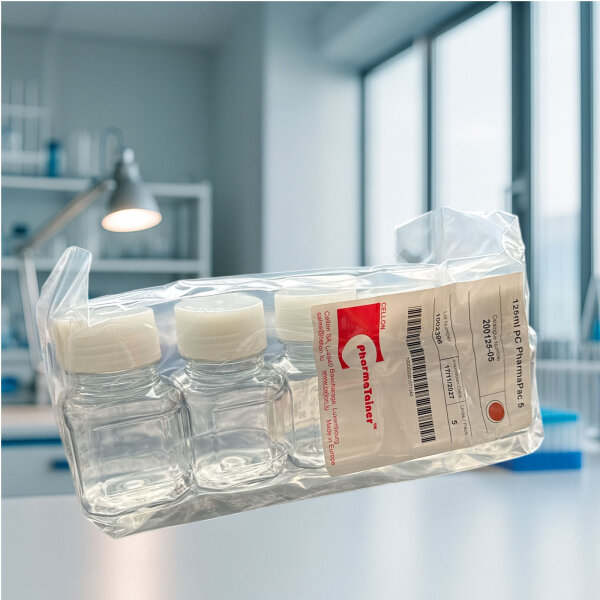 PharmaTainers 125 mL PC Sterilflasche – quadratisch – 5er Pack – Gamma-steril