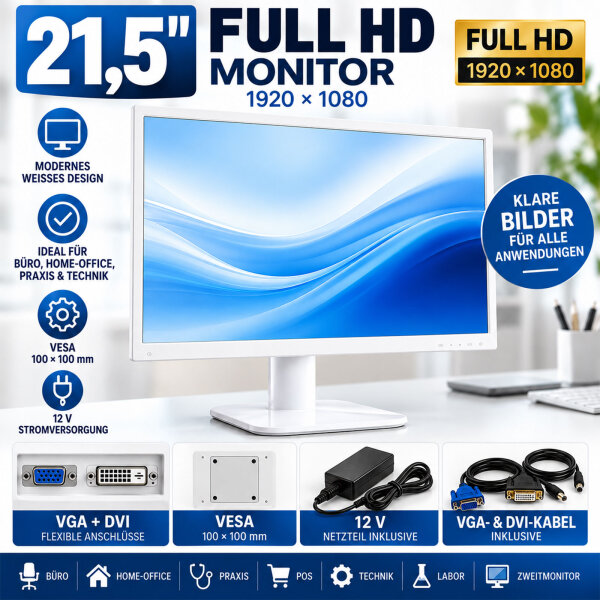 21,5" Full HD LED Monitor Weiß – VGA · DVI · VESA 100 × 100 · 12 V
