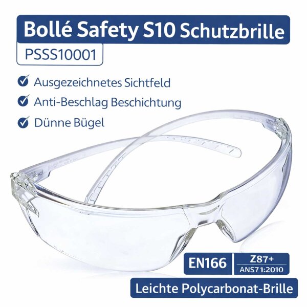 Bollé Schutzbrille S10 klar Anti-Beschlag Laborbrille Sicherheitsbrille