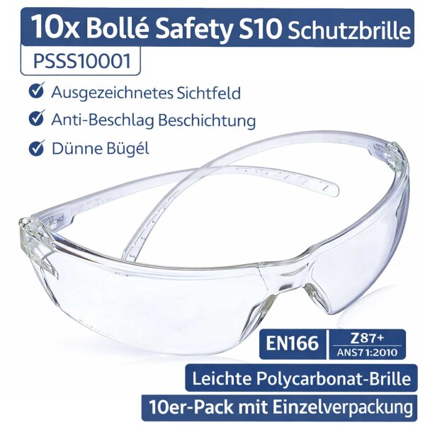 10x Bollé Safety S10 Safety Glasses Clear AF PSSS10001 EN166 Z87+