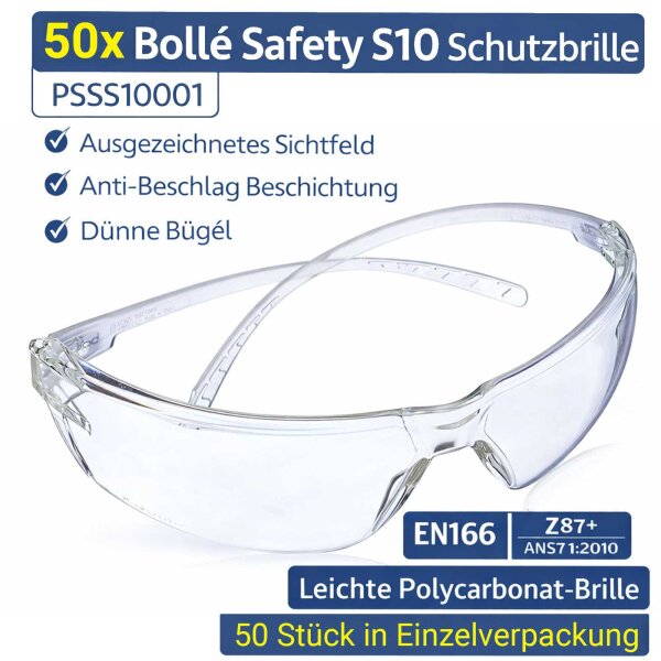 50x Bollé Safety S10 Safety Glasses Clear AF PSSS10001 EN166 Z87+