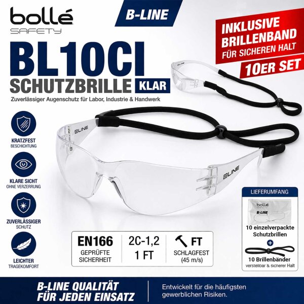 10x Bollé BL10CI Schutzbrille klar inkl Brillenband B-LINE EN166
