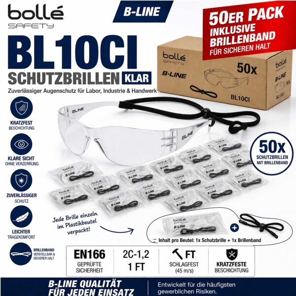 50x Bollé BL10CI Schutzbrille klar inkl Brillenband B-LINE EN166