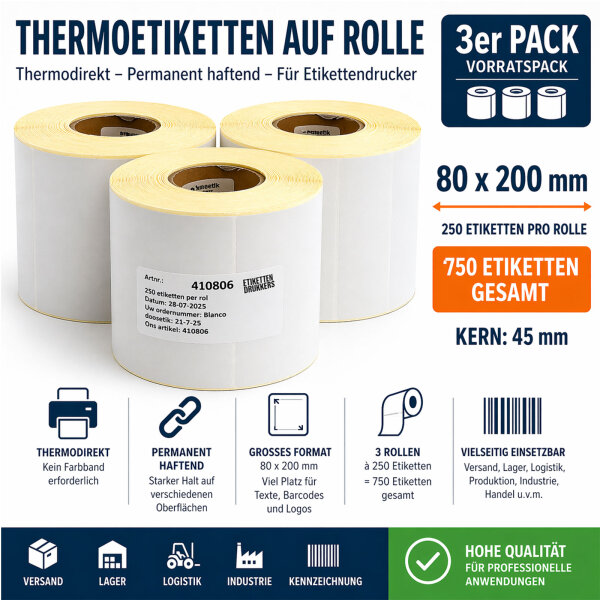 3 Rolls Direct Thermal Labels 80x200mm 250/Roll 45mm Core Permanent