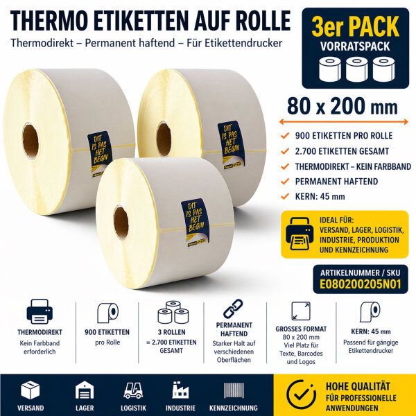 Thermoetiketten auf Rolle 80 x 200 mm Thermodirekt permanent 3 Rollen à 900 Etiketten Kern 45mm