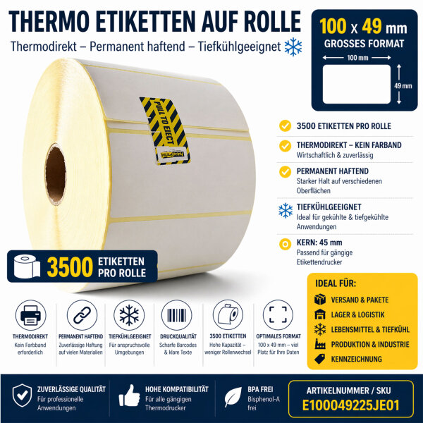 Thermoetiketten 100x49mm 3500/Rolle 45mm Kern tiefkühlgeeignet permanent