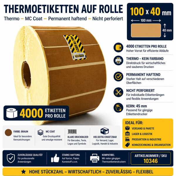 Thermoetiketten auf Rolle 100 x 40 mm MC Coat permanent braun 4000 Etiketten Kern 45 mm nicht perforiert