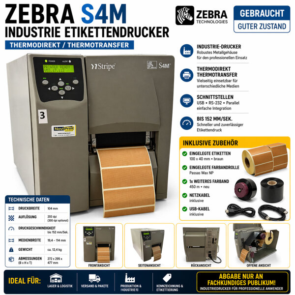 Zebra S4M Label Printer Used Industrial USB RS232 Parallel incl Accessories
