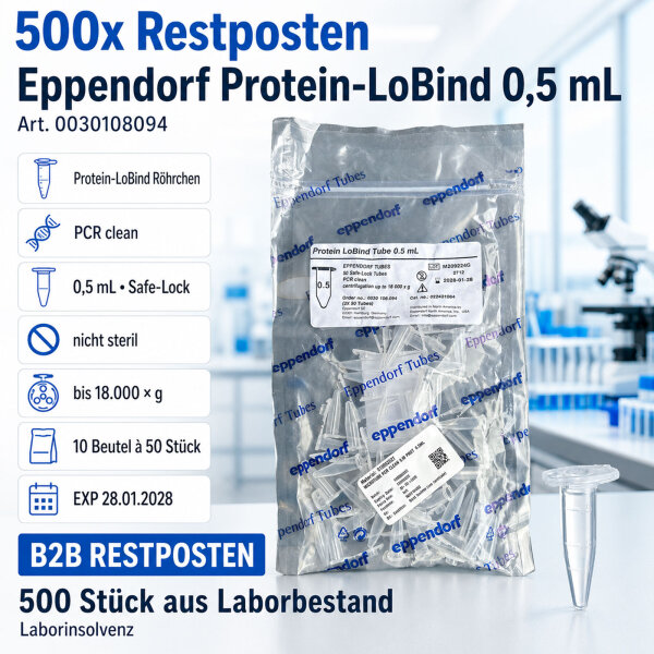Pack of 500 original Eppendorf Protein LoBind centrifuge tubes, 0.5 mL. PCR clean