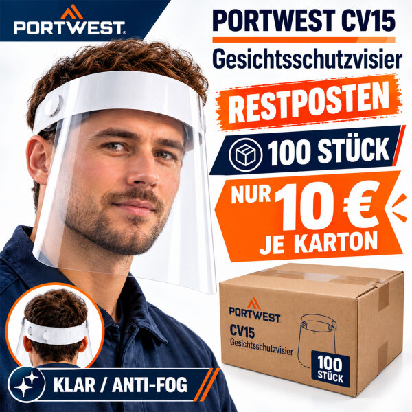 Portwest CV15 Gesichtsschutzvisier Face Shield klar 300 Micron APET 100 Stück