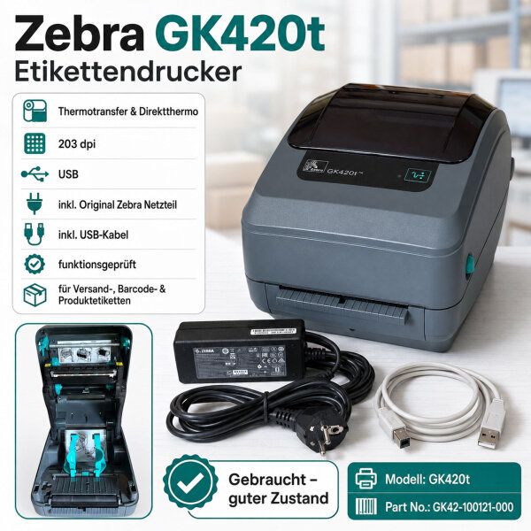 Zebra GK420t Label Printer Thermal Transfer & Direct Thermal USB incl. Power Supply