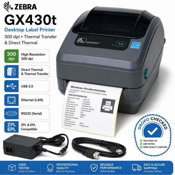 Zebra GX430t 300 dpi Thermodirekt & Thermotransfer Etikettendrucker USB LAN RS232