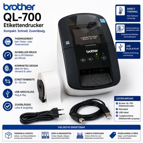 Brother QL-700 Thermodirekt Etikettendrucker USB inkl. Netzteil, USB-Kabel & Etikettenrolle