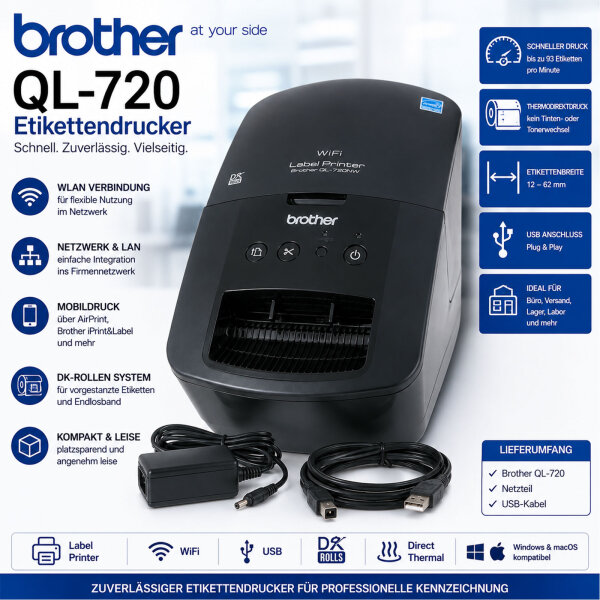Brother QL-720NW Thermodirekt-Etikettendrucker USB LAN WLAN inkl. Netz- & USB-Kabel