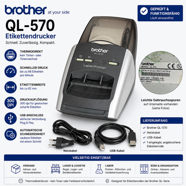 Brother QL-570 Thermodirekt Etikettendrucker USB inkl. Netzkabel, USB-Kabel & Etikettenrolle gebraucht