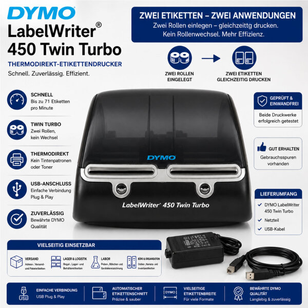DYMO LabelWriter 450 Twin Turbo Thermodirekt Etikettendrucker Dual-Rollen USB inkl. Netzteil & USB-Kabel gebraucht