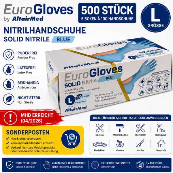 500 Blue Nitrile Gloves Size L Powder Free 5x100 AltairMed Shelf Life Reached