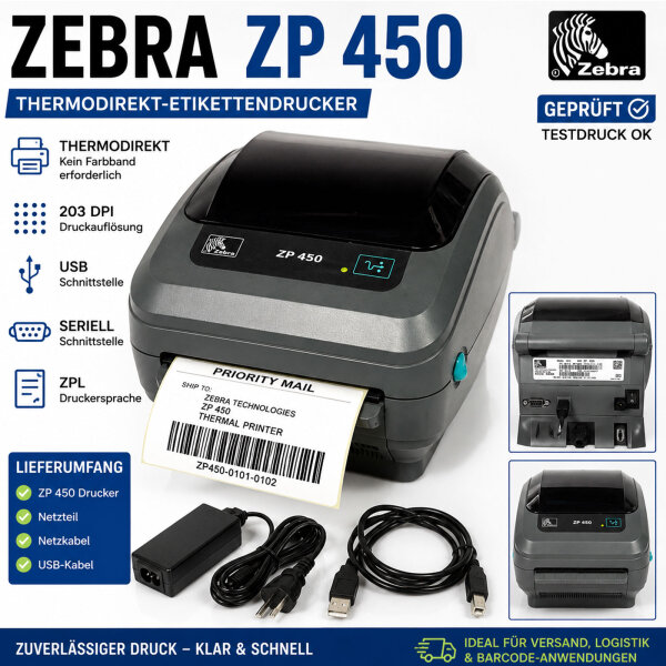 Zebra ZP 450 Thermodirekt-Etikettendrucker 203 dpi USB – geprüft