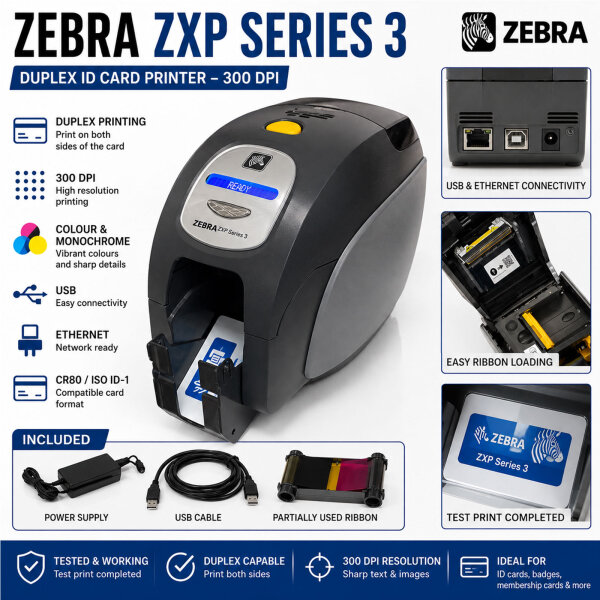 Zebra ZXP Series 3 Kartendrucker 300 dpi Duplex USB Ethernet – geprüft