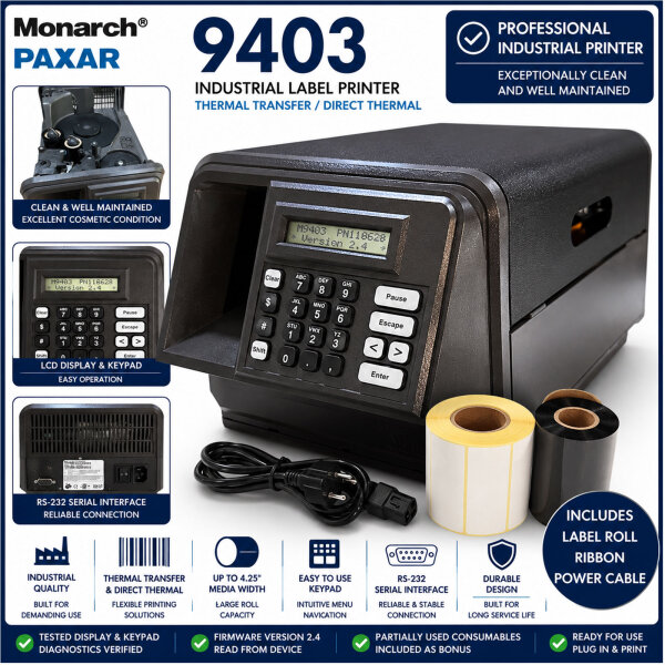 Monarch Paxar 9403 Industrie Etikettendrucker Thermotransfer mit Farbband & Etiketten