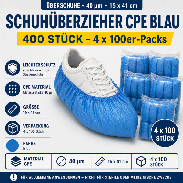 CPE Schuhüberzieher blau, 40 µm, 15 × 41 cm, 400 Stück – 4 × 100
