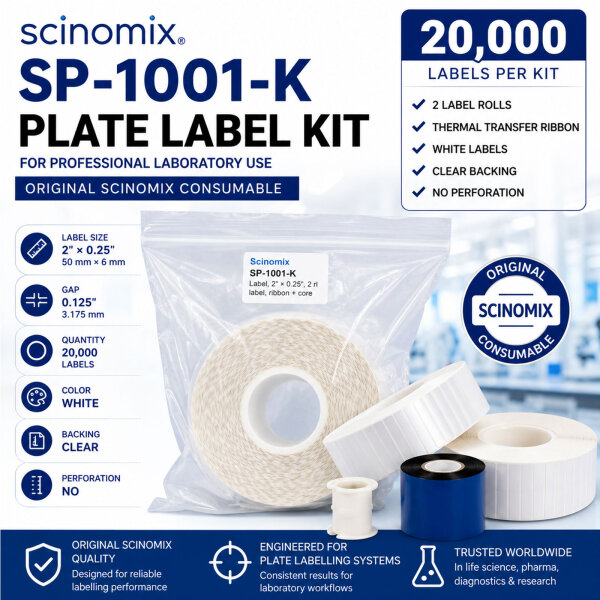 Scinomix SP-1001-K Plate Label Kit – 20,000 Laboratory Labels 2″ × 0.25″ with Ribbon