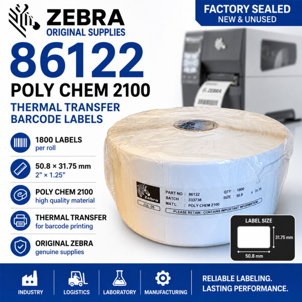 Original Zebra 86122 Barcode Labels 50.8x31.75mm Poly Chem 2100 Sealed