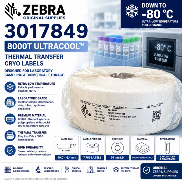Zebra 3017849 8000T UltraCool Cryo Labels 40x6.4mm 7763 Factory Sealed