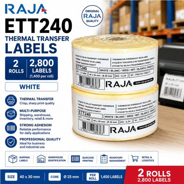 2x RAJA ETT240 Thermotransfer Etiketten 40 × 30 mm | 2.800 Labels | Weiß | Ø25 mm