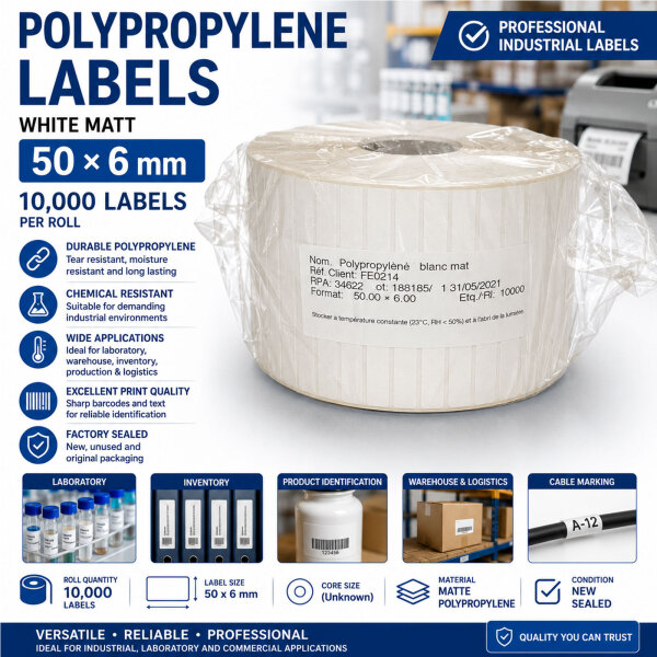 Polypropylen Etiketten 50 × 6 mm | 10.000 weiße Industrieetiketten | Original versiegelt