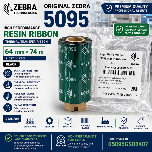 Original Zebra 5095 High Performance Resin Ribbon 05095GS06407 | 64 mm × 74 m | Black