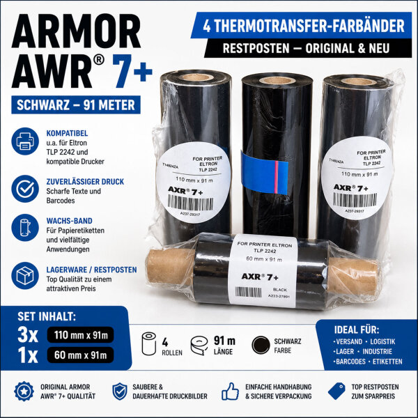4x ARMOR AWR 7+ Thermal Transfer Ribbon 91m 110mm 60mm Zebra Eltron