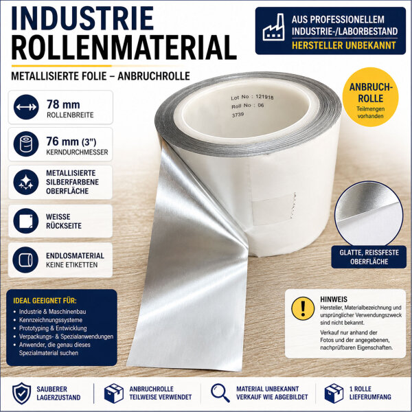 Industrial Metallic Film Roll 78 mm 76 mm Core Partial Roll Surplus