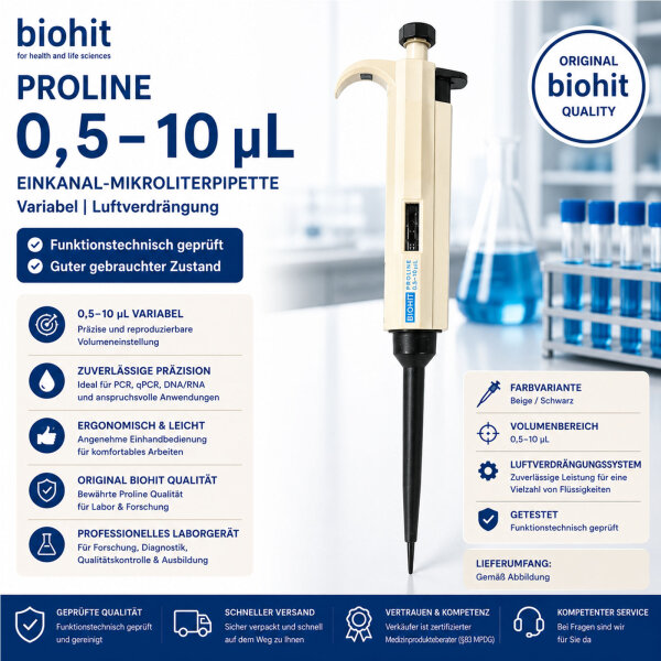 Biohit Proline 0,5–10 µL Einkanalpipette Beige/Schwarz variable Laborpipette geprüft