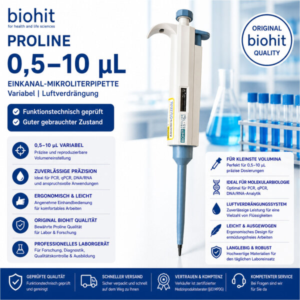 Biohit Proline 0,5–10 µL Einkanalpipette variable Laborpipette funktionstechnisch geprüft