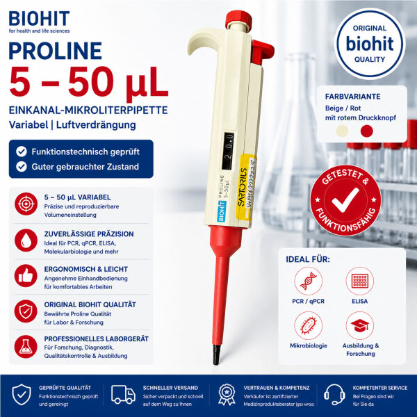 Biohit Proline Variable Pipette 5-50 µL Beige Red Tested