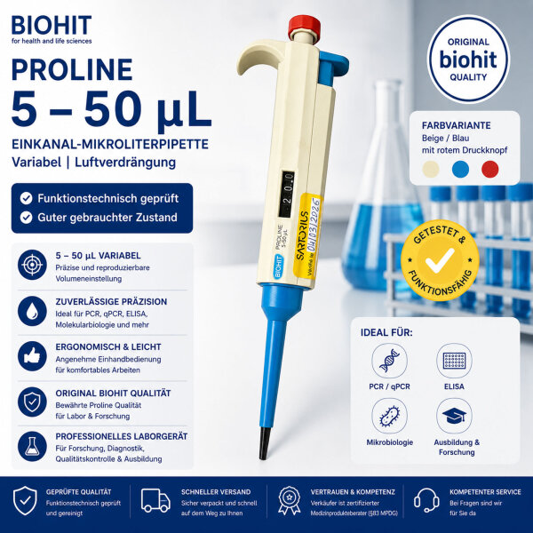 Biohit Proline Variable Pipette 5-50 µL Beige Blue Red Button Tested