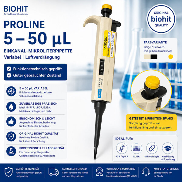 Biohit Proline 5–50 µL Einkanalpipette Beige/Schwarz variable Laborpipette funktionstechnisch geprüft