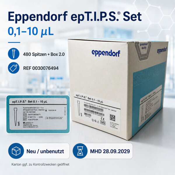 Eppendorf epT.I.P.S. Set 0,1–10 µL – 480 Spitzen + Box 2.0 – REF 0030076494