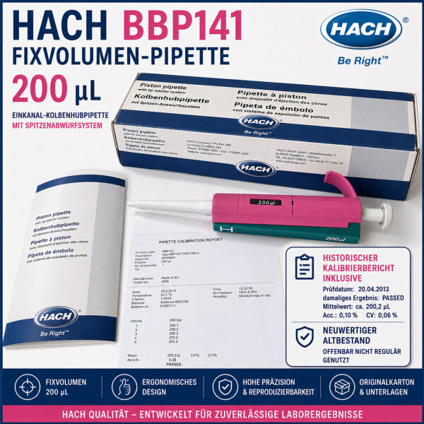 Hach BBP141 Fixvolumen-Pipette 200 µL – neuwertig OVP + Kalibrierbericht