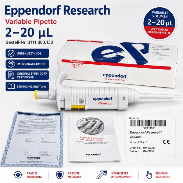Eppendorf Research 2-20 µL Variable Pipette NOS Box Certificate 3111000130