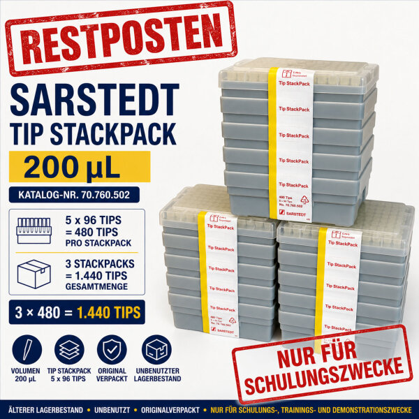 3× SARSTEDT Tip StackPack 200 µL 70.760.502 – 1,440 Tips – Training Stock