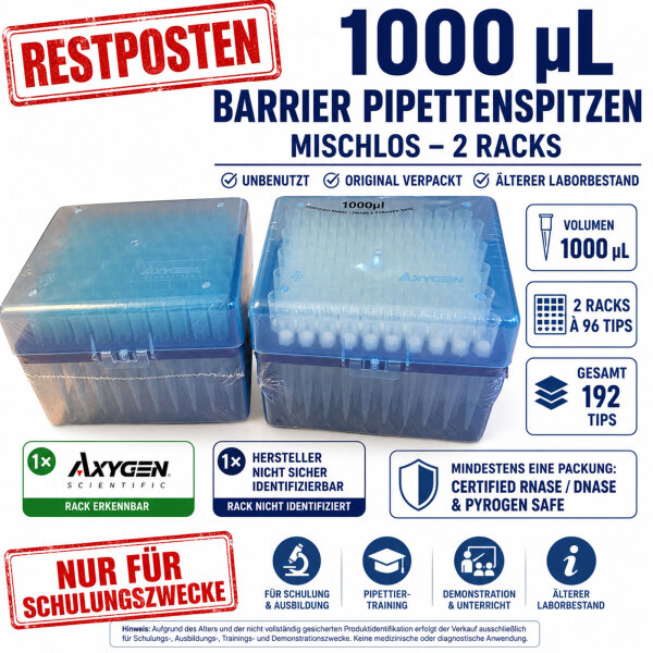 1000 µL Barrier Pipette Tips Mixed Lot – 2×96 Tips – Axygen – Training Stock