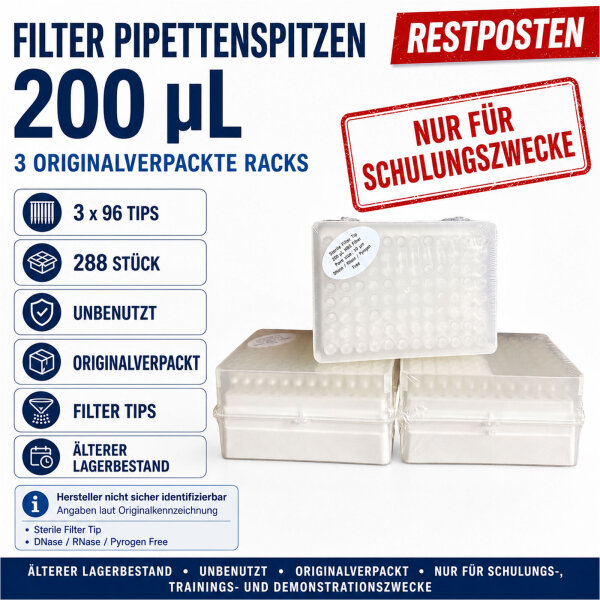 200 µL Filter Pipette Tips – 3×96 / 288 Tips – Training Stock