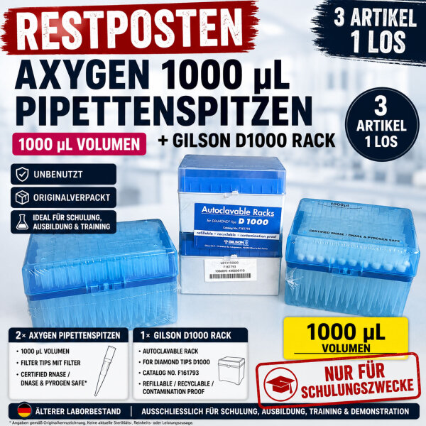 Axygen 1000 µL Pipettenspitzen + Gilson D1000 Rack – 3-teiliges Schulungs-Los