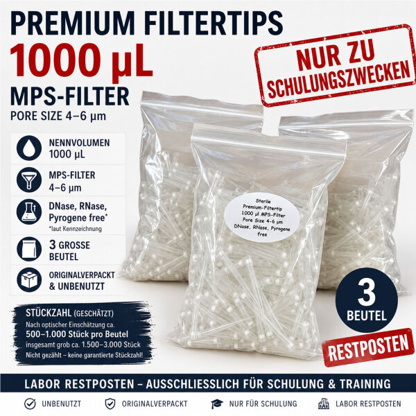 Premium Filtertips 1000 µL MPS-Filter 4–6 µm – 3 Großbeutel – Schulungsware