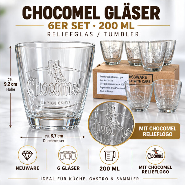 6x Chocomel Glass 200ml Embossed Tumbler Drinking Glass Set New