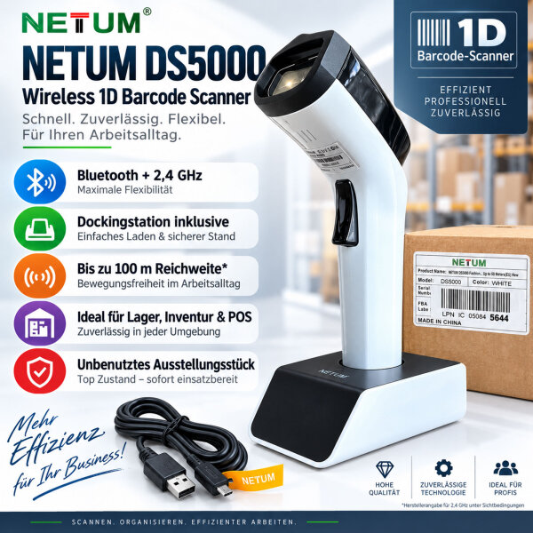 NETUM DS5000 Wireless 1D Barcode Scanner Bluetooth 2,4 GHz mit Dockingstation