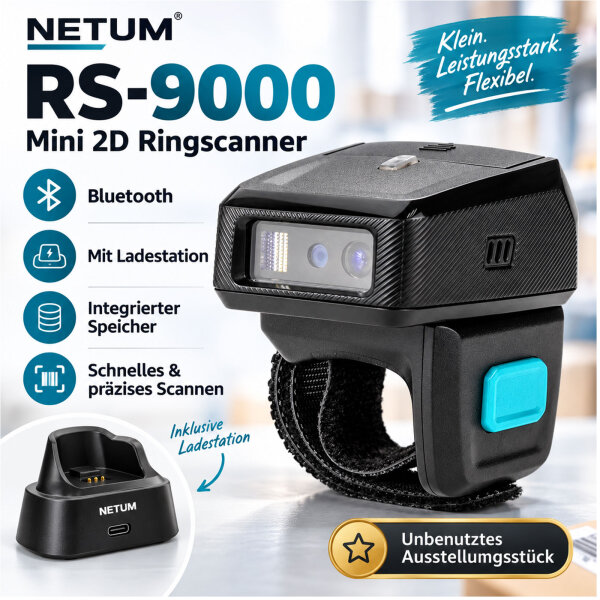 NETUM RS-9000BT Wireless 2D Ringscanner Bluetooth QR Data Matrix mit Ladestation