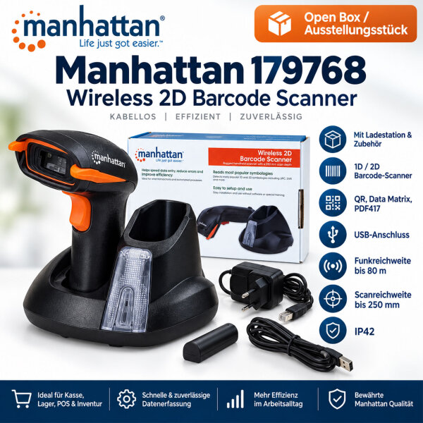 Manhattan 179768 Wireless 2D CCD Barcode Scanner USB mit Ladestation Open Box